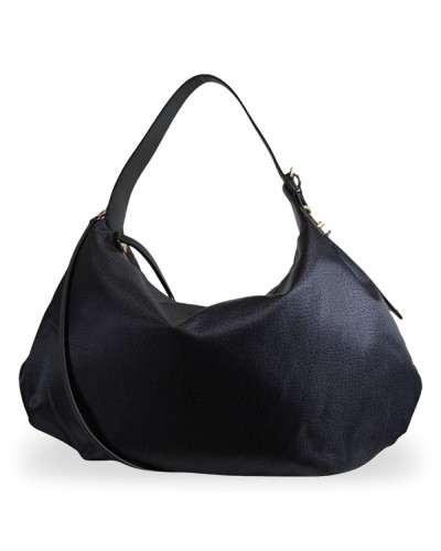 Borbonese Hobo M. Schultertasche Damen Dark Black aus Recyceltem Gewebe und Kalbsleder OP-Print mit Riemen