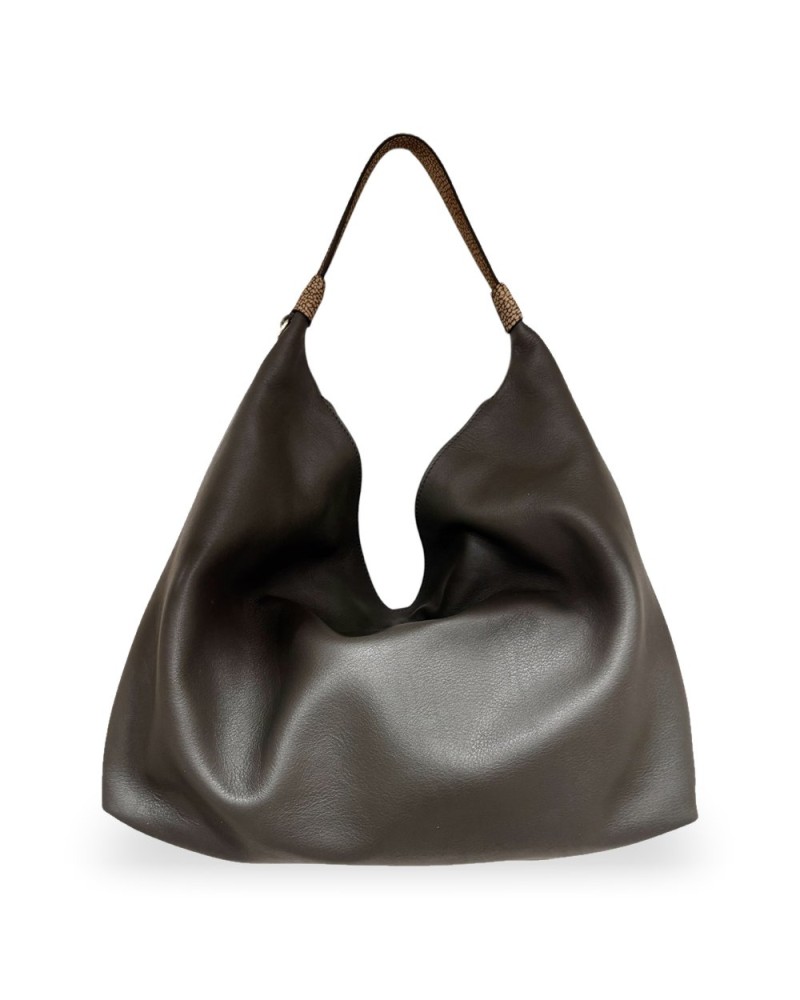 Borbonese Hobo M. Schultertasche Damen Cacao / Cumino aus Pashmina Leder mit Riemen