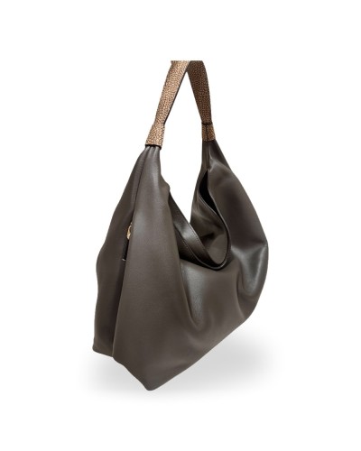 Borbonese Hobo M. Schultertasche Damen Cacao / Cumino aus Pashmina Leder mit Riemen