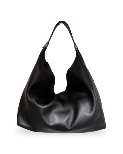 Borbonese Hobo M. Schultertasche Damen Nero / Clay Grey aus Pashmina Leder mit Riemen