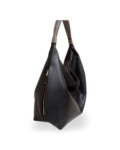 Borbonese Hobo M. Schultertasche Damen Nero / Clay Grey aus Pashmina Leder mit Riemen