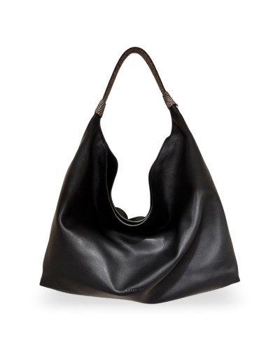 Borbonese Hobo M. Schultertasche Damen Nero / Clay Grey aus Pashmina Leder mit Riemen