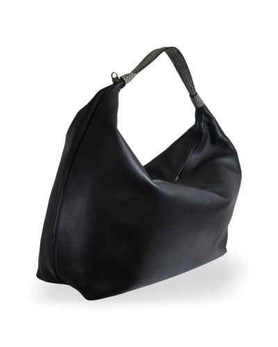 Borbonese Hobo M. Schultertasche Damen Nero / Clay Grey aus Pashmina Leder mit Riemen
