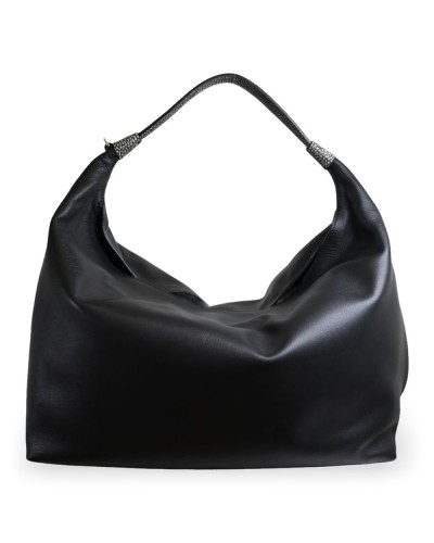 Borbonese Hobo M. Schultertasche Damen Nero / Clay Grey aus Pashmina Leder mit Riemen