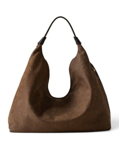 Borbonese Bolso Hobo M. Mujer Cumino / Ebano en Piel Minerva y Pashmina con Bandolera
