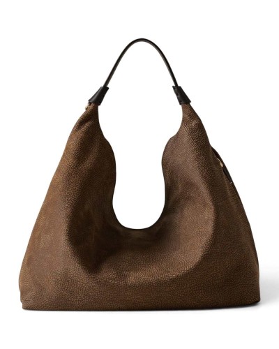 Borbonese Hobo M. Schultertasche Damen Cumino / Ebano aus Minerva und Pashmina Leder mit Riemen