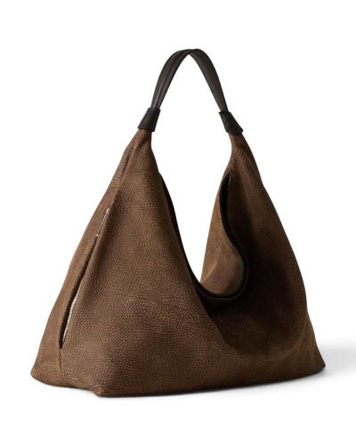 Borbonese Hobo M. Schultertasche Damen Cumino / Ebano aus Minerva und Pashmina Leder mit Riemen