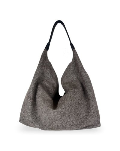 Borbonese Bolso Hobo M. Mujer Castoro / Ebano en Piel Minerva y Pashmina con Bandolera