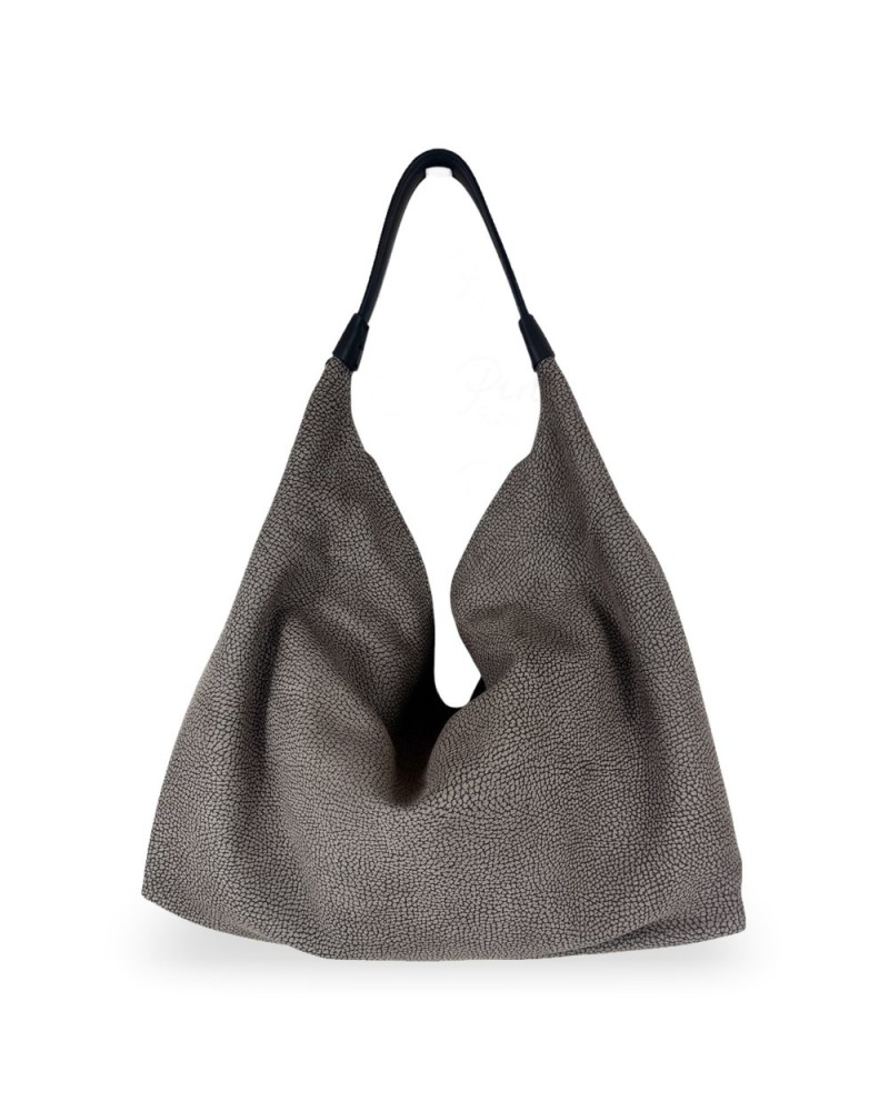 Borbonese Hobo M. Schultertasche Damen Castoro / Ebano aus Minerva und Pashmina Leder mit Riemen