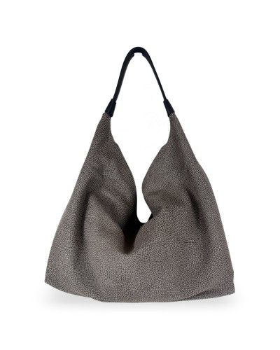 Borbonese Hobo M. Schultertasche Damen Castoro / Ebano aus Minerva und Pashmina Leder mit Riemen