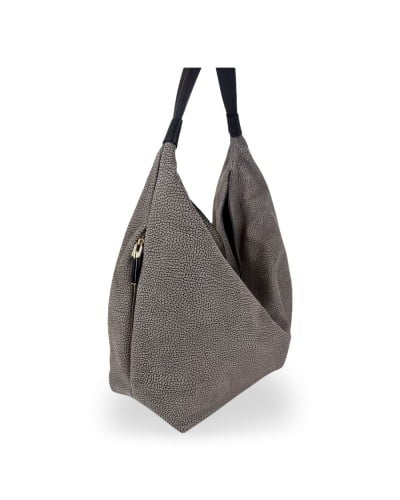 Borbonese Hobo M. Schultertasche Damen Castoro / Ebano aus Minerva und Pashmina Leder mit Riemen