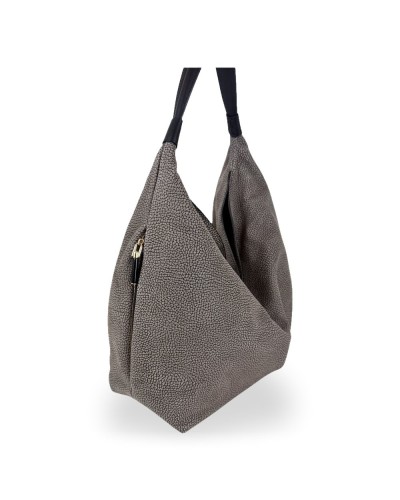 Borbonese Hobo M. Schultertasche Damen Castoro / Ebano aus Minerva und Pashmina Leder mit Riemen