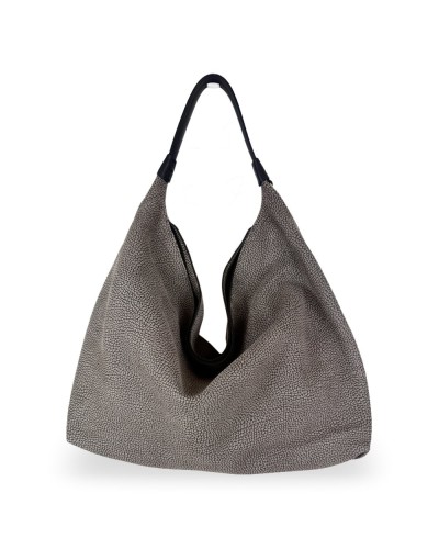 Borbonese Hobo M. Schultertasche Damen Castoro / Ebano aus Minerva und Pashmina Leder mit Riemen