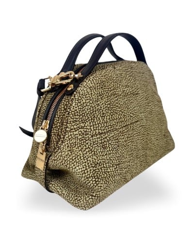 Borbonese Bolso Sexy S. Mujer OP Naturale / Ebano en Cordero Esmerilado y Piel Estampado OP con Bandolera Extraíble