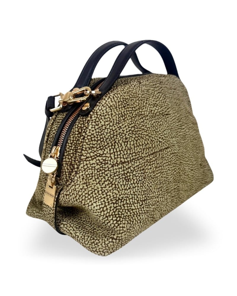 Borbonese Sexy S. Handtasche Damen OP Naturale / Ebano aus Lammleder und Kalbsleder OP-Print mit Abnehmbarem Riemen
