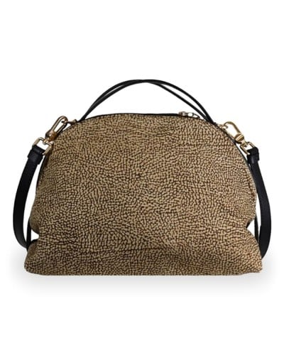 Borbonese Sexy S. Handtasche Damen OP Naturale / Ebano aus Lammleder und Kalbsleder OP-Print mit Abnehmbarem Riemen