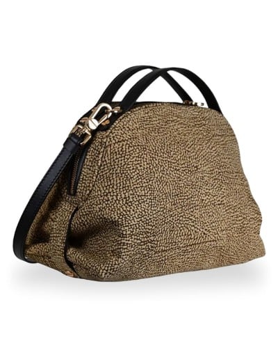 Borbonese Sexy S. Handtasche Damen OP Naturale / Ebano aus Lammleder und Kalbsleder OP-Print mit Abnehmbarem Riemen