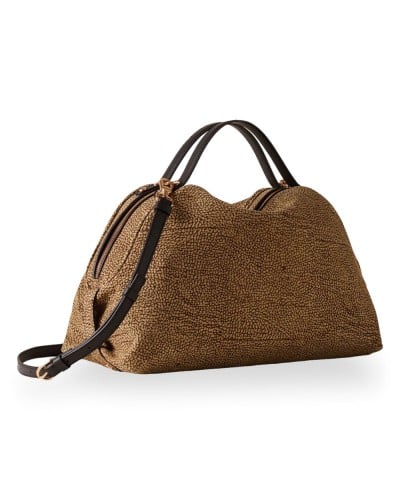 Borbonese Sexy M. Handtasche Damen OP Naturale / Ebano aus Lammleder und Kalbsleder OP-Print mit Abnehmbarem Riemen