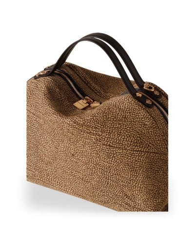 Borbonese Sexy M. Handtasche Damen OP Naturale / Ebano aus Lammleder und Kalbsleder OP-Print mit Abnehmbarem Riemen