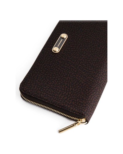 Borbonese Cartera Large Zip Around Mujer Cioccolato en Tejido Reciclado Estampado OP con Cierre Perimetral