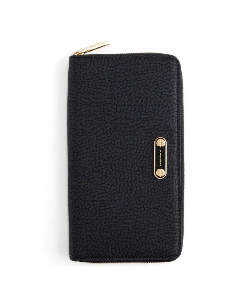 Borbonese Cartera Large Zip Around Mujer Dark Black en Tejido Reciclado Estampado OP con Cierre Perimetral