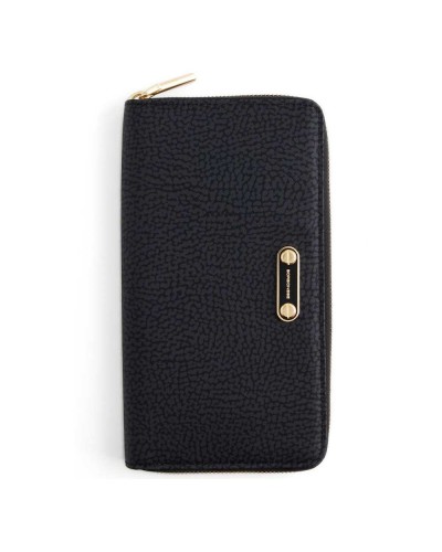 Borbonese Cartera Large Zip Around Mujer Dark Black en Tejido Reciclado Estampado OP con Cierre Perimetral