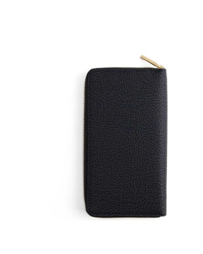 Borbonese Cartera Large Zip Around Mujer Dark Black en Tejido Reciclado Estampado OP con Cierre Perimetral