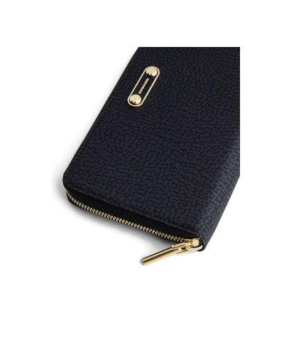 Borbonese Cartera Large Zip Around Mujer Dark Black en Tejido Reciclado Estampado OP con Cierre Perimetral