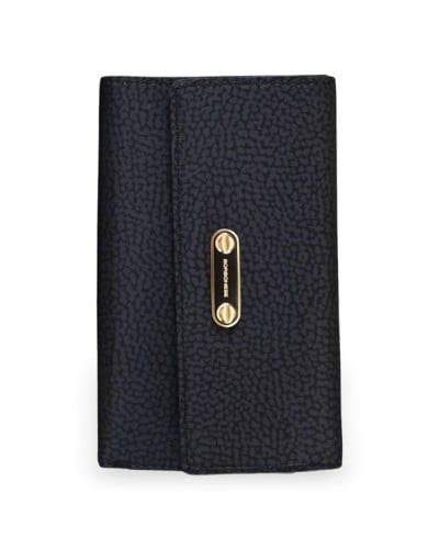 Borbonese Cartera Medium con Solapa Mujer Dark Black en Tejido Reciclado Estampado OP con Cremallera