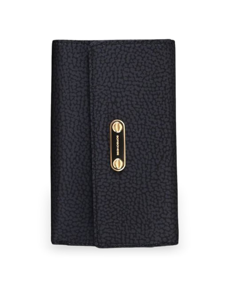 Borbonese Cartera Medium con Solapa Mujer Dark Black en Tejido Reciclado Estampado OP con Cremallera