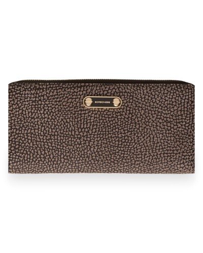 Borbonese Cartera Large Zip Around Slim Mujer Castoro en Piel Minerva con Cremallera Perimetral