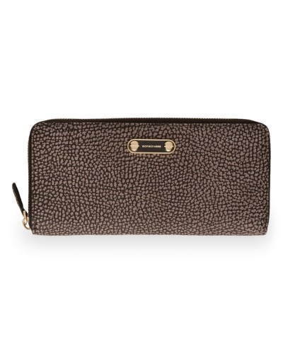 Borbonese Cartera Large Zip Around Slim Mujer Castoro en Piel Minerva con Cremallera Perimetral
