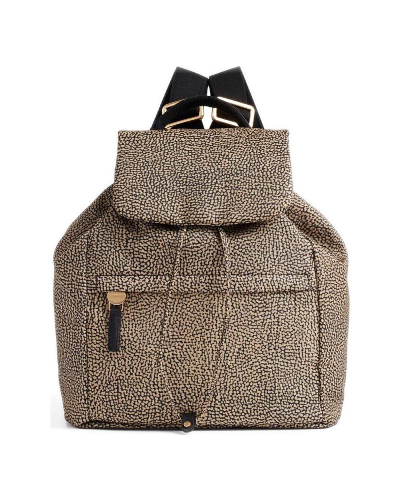 Borbonese Mochila M. con Solapa Mujer OP Naturale / Nero en Tejido Reciclado y Piel Estampado OP con Tirantes Regulables