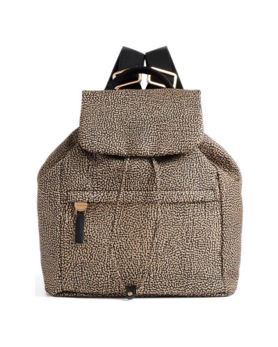 Borbonese Mochila M. con Solapa Mujer OP Naturale / Nero en Tejido Reciclado y Piel Estampado OP con Tirantes Regulables
