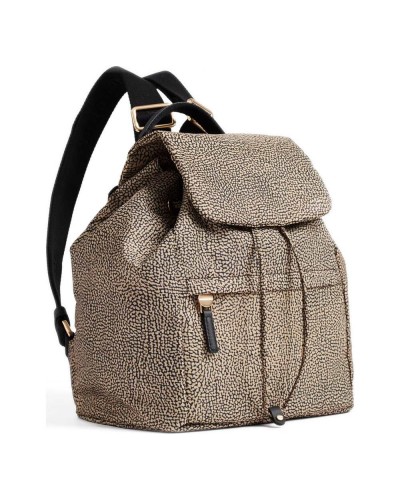 Borbonese Mochila M. con Solapa Mujer OP Naturale / Nero en Tejido Reciclado y Piel Estampado OP con Tirantes Regulables