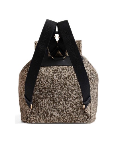 Borbonese Mochila M. con Solapa Mujer OP Naturale / Nero en Tejido Reciclado y Piel Estampado OP con Tirantes Regulables
