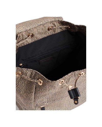Borbonese Mochila M. con Solapa Mujer OP Naturale / Nero en Tejido Reciclado y Piel Estampado OP con Tirantes Regulables