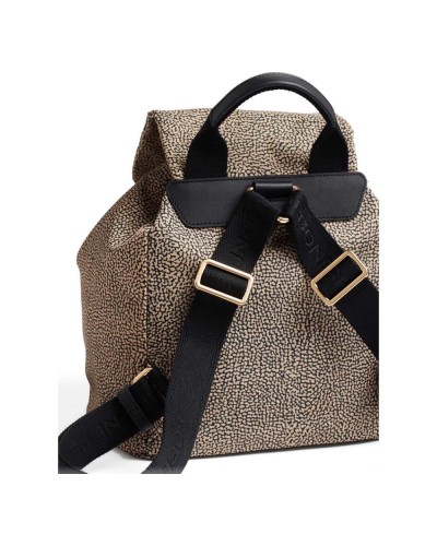 Borbonese Mochila M. con Solapa Mujer OP Naturale / Nero en Tejido Reciclado y Piel Estampado OP con Tirantes Regulables