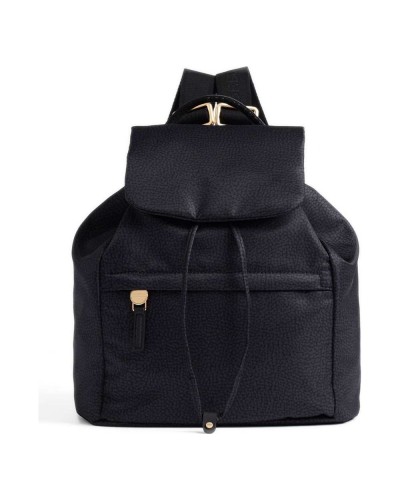 Borbonese Mochila M. con Solapa Mujer Dark Black en Tejido Reciclado y Piel Estampado OP con Tirantes Regulables