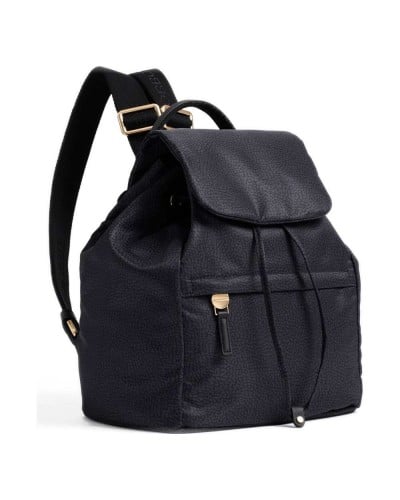 Borbonese Mochila M. con Solapa Mujer Dark Black en Tejido Reciclado y Piel Estampado OP con Tirantes Regulables