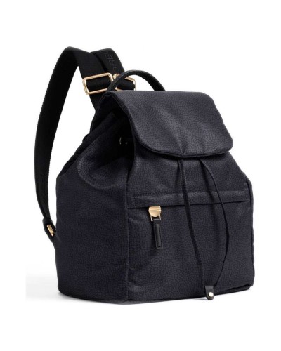 Borbonese Mochila M. con Solapa Mujer Dark Black en Tejido Reciclado y Piel Estampado OP con Tirantes Regulables