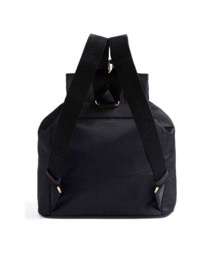 Borbonese Mochila M. con Solapa Mujer Dark Black en Tejido Reciclado y Piel Estampado OP con Tirantes Regulables