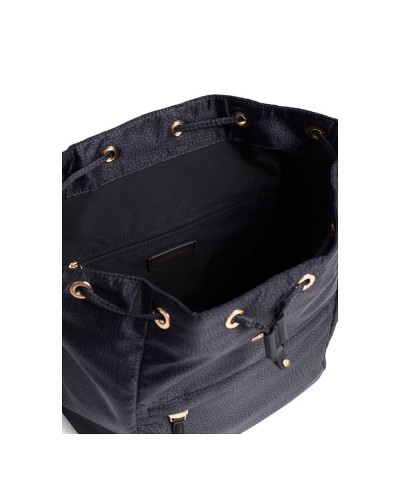 Borbonese Mochila M. con Solapa Mujer Dark Black en Tejido Reciclado y Piel Estampado OP con Tirantes Regulables