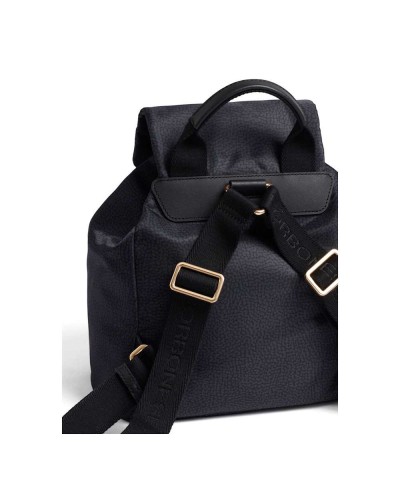 Borbonese Mochila M. con Solapa Mujer Dark Black en Tejido Reciclado y Piel Estampado OP con Tirantes Regulables