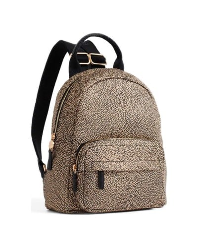 Borbonese Mochila M. Mujer OP Naturale / Nero en Tejido Reciclado y Piel Estampado OP con Tirantes Regulables