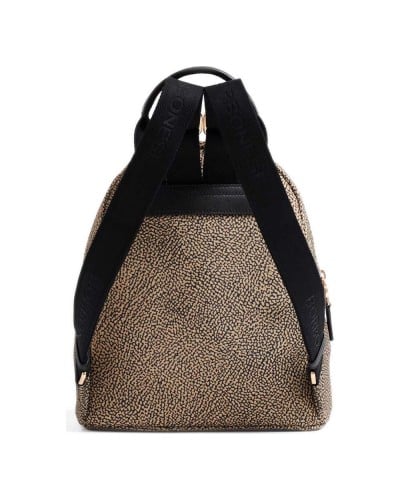 Borbonese Mochila M. Mujer OP Naturale / Nero en Tejido Reciclado y Piel Estampado OP con Tirantes Regulables