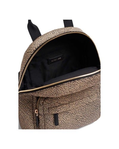 Borbonese Mochila M. Mujer OP Naturale / Nero en Tejido Reciclado y Piel Estampado OP con Tirantes Regulables