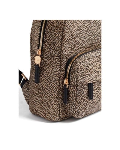 Borbonese Mochila M. Mujer OP Naturale / Nero en Tejido Reciclado y Piel Estampado OP con Tirantes Regulables