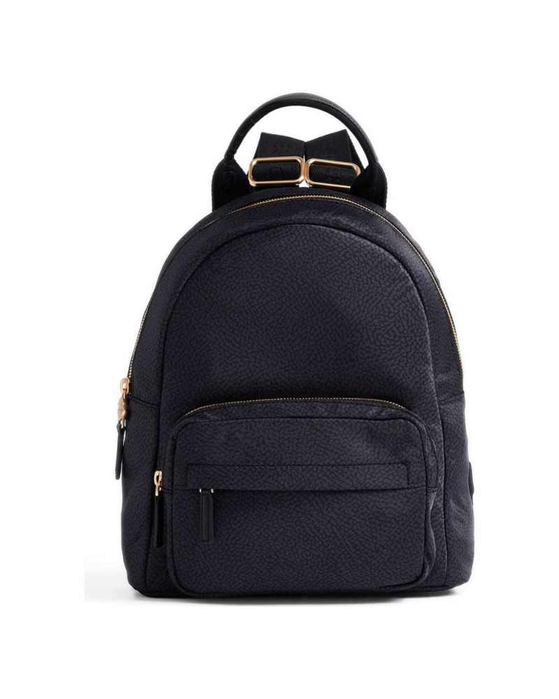 Borbonese Mochila M. Mujer Dark Black en Tejido Reciclado y Piel Estampado OP con Tirantes Regulables