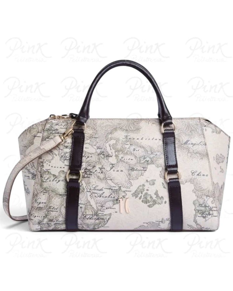 Alviero Martini 1° Classe Hand Bag with Detachable Strap Female Dove Grey in Coated Fabric and Bovine Leather
